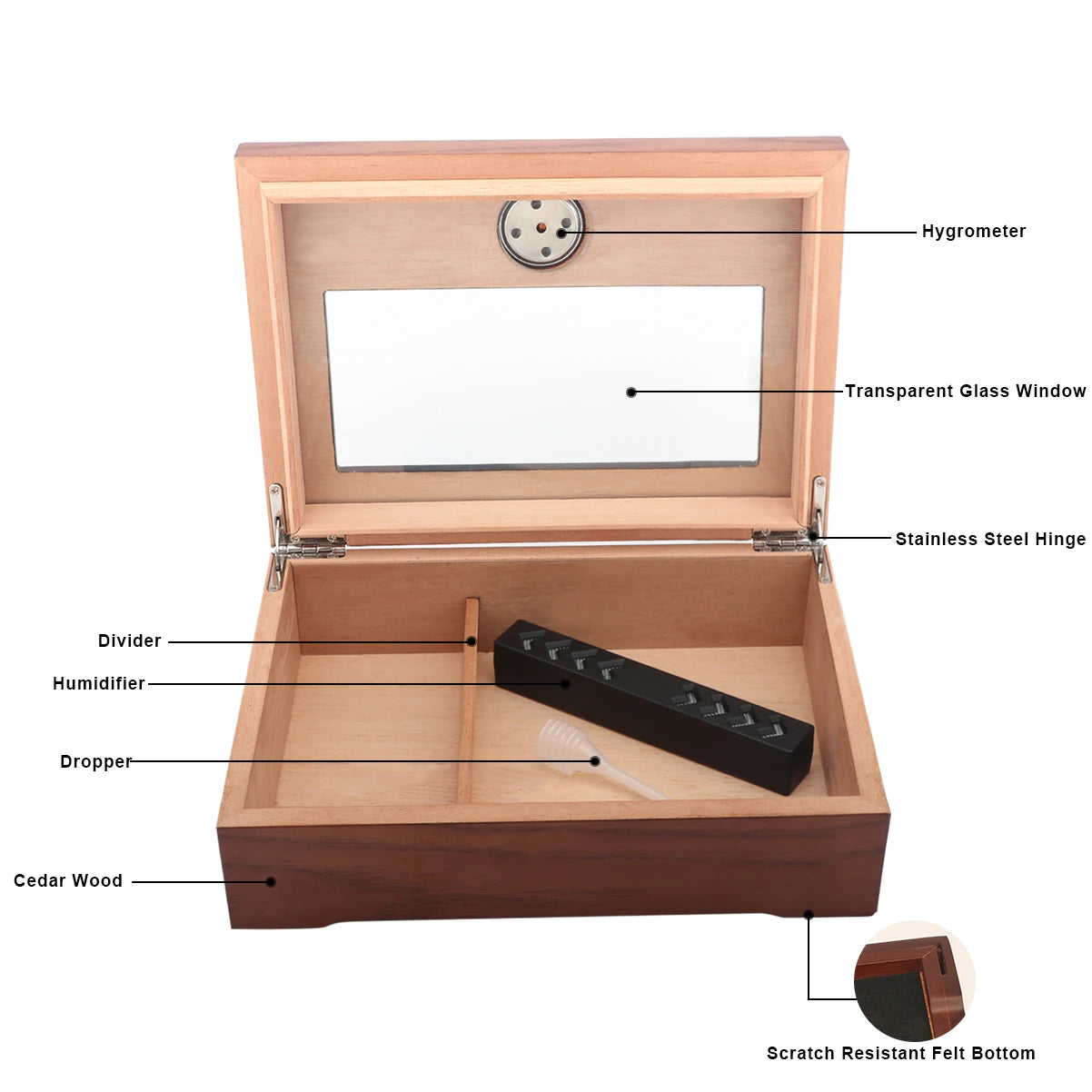 Xifei Cigar Humidor Box with Hygrometer and Humidifier Portable Smoking Accessories Glass Window Cedar Wood Case