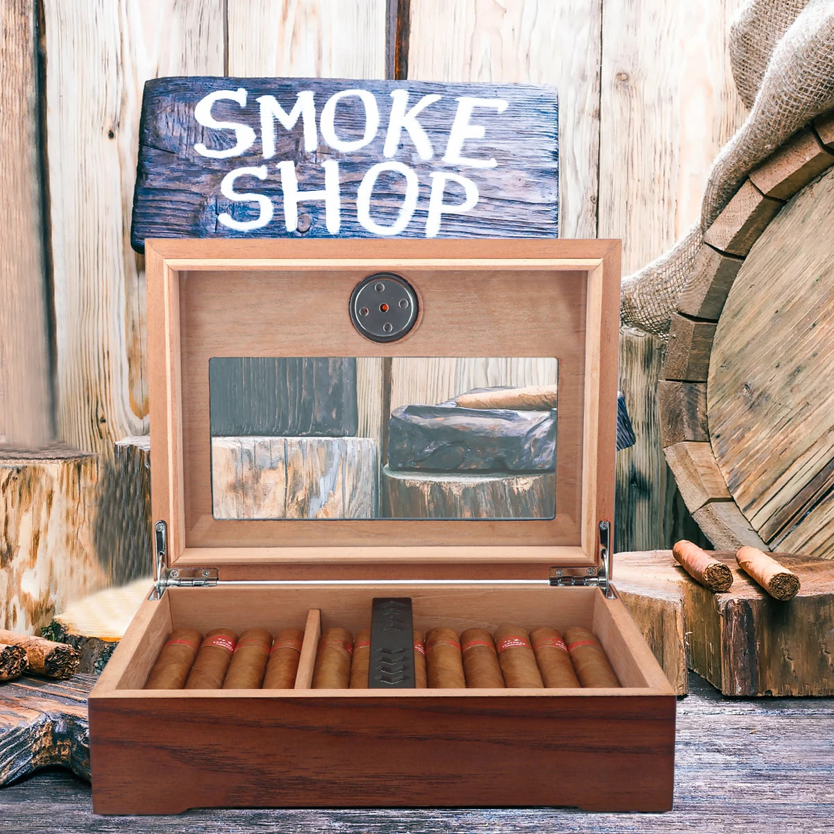 Xifei Cigar Humidor Box with Hygrometer and Humidifier Portable Smoking Accessories Glass Window Cedar Wood Case
