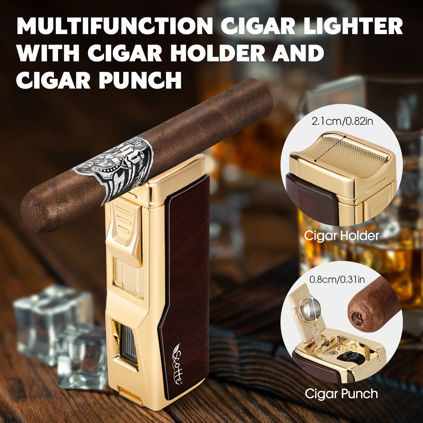 Scotte Cigar Humidor Box with Lighter Cedar Wood Leather Case and Humidifier