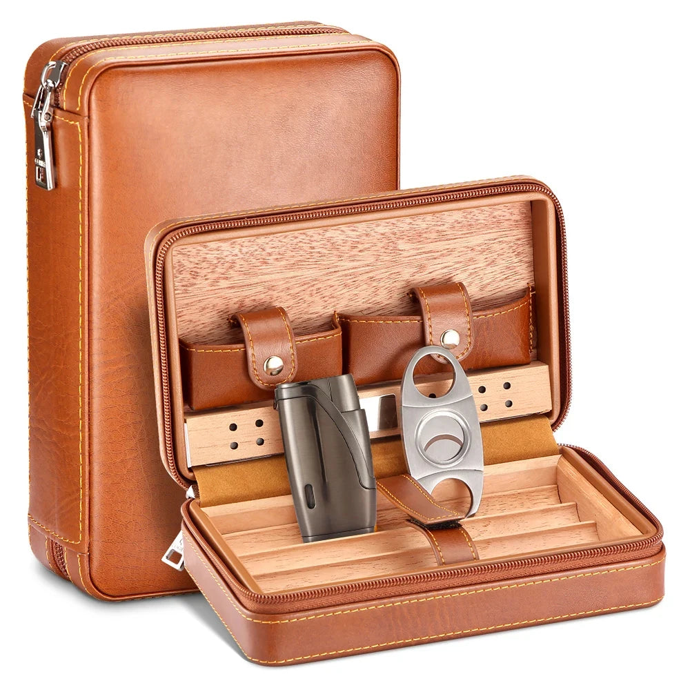 Cedar Wood Cigar Humidor Box Travel With Humidifier Leather Cigar Case W With Lighter Cutter
