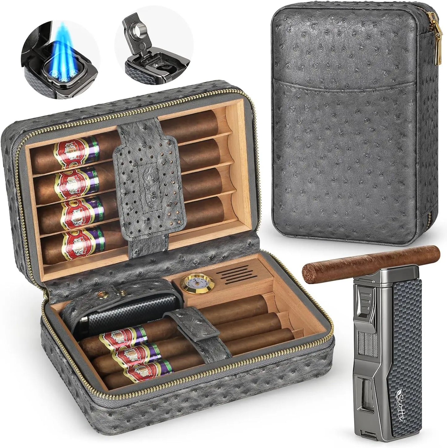 Scotte Cigar Humidor Box with Lighter Cedar Wood Leather Case and Humidifier