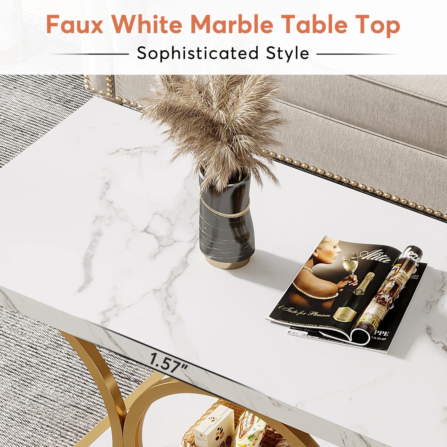 Tribesigns Rectangle Coffee Table, Modern 2-Tier Faux Marble