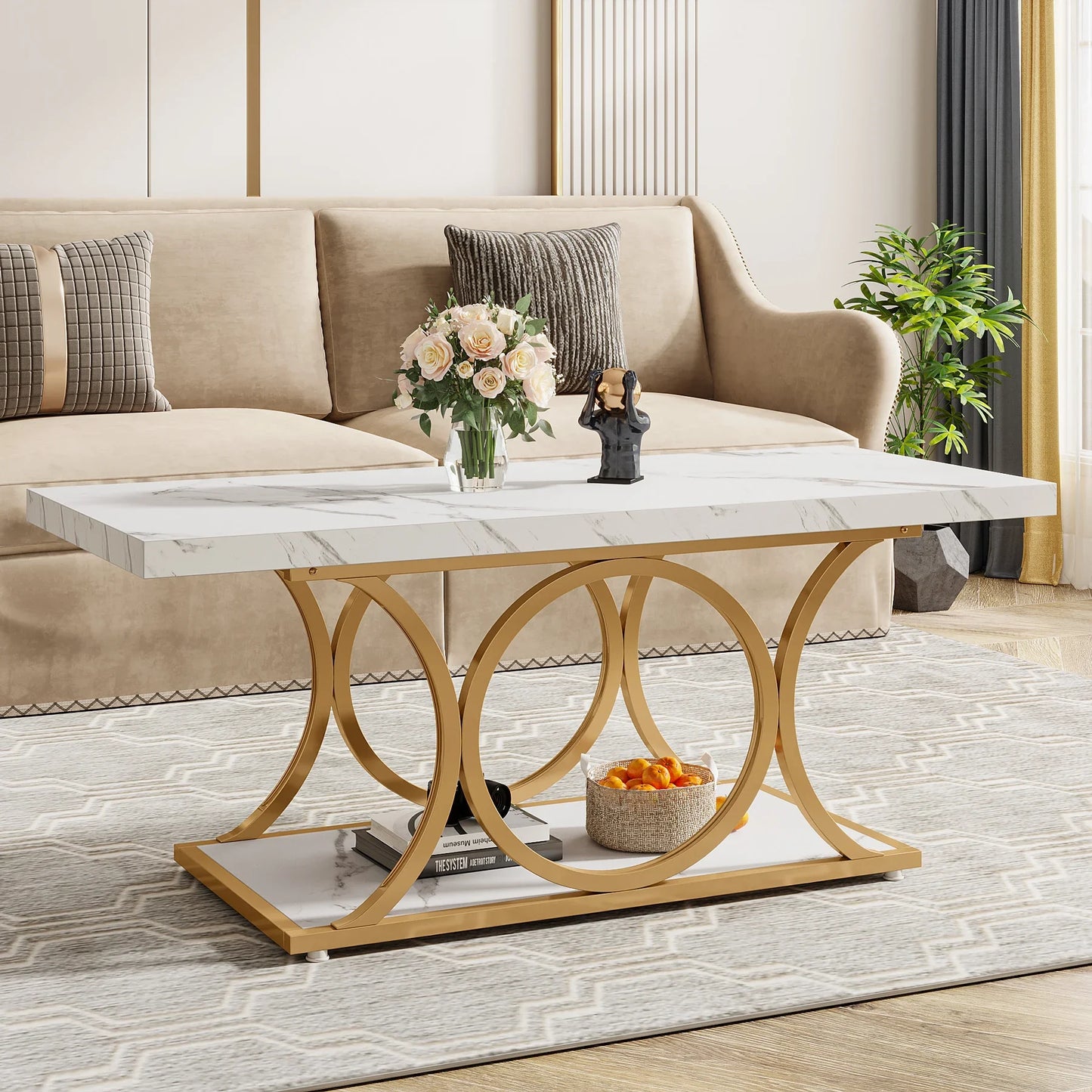 Tribesigns Rectangle Coffee Table, Modern 2-Tier Faux Marble