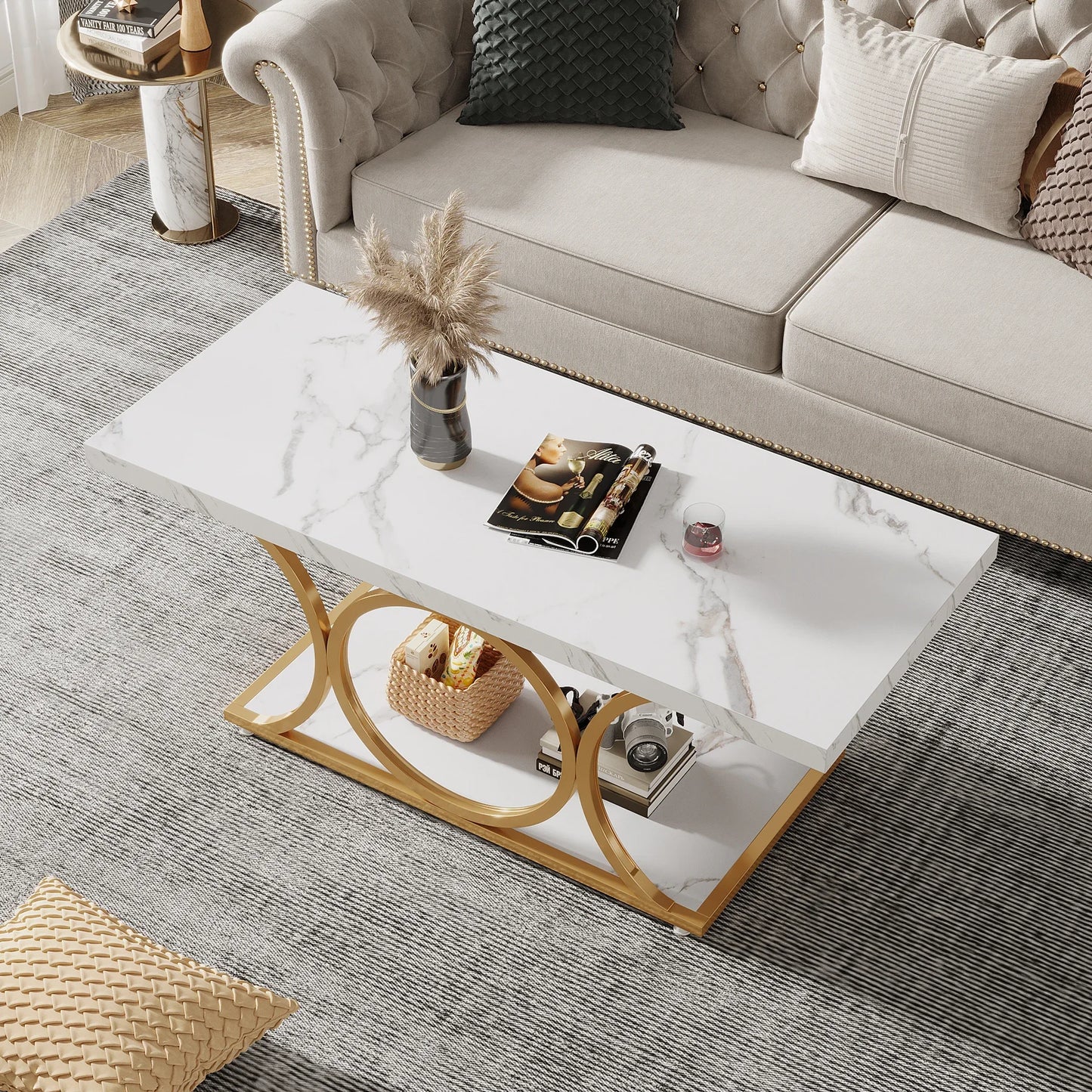 Tribesigns Rectangle Coffee Table, Modern 2-Tier Faux Marble