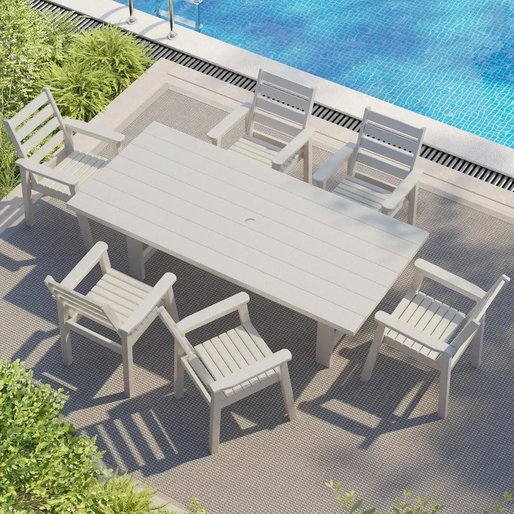 7-Piece HDPE Outdoor Dining Table Set with 6 Chairs 71 Inch Patio Furniture