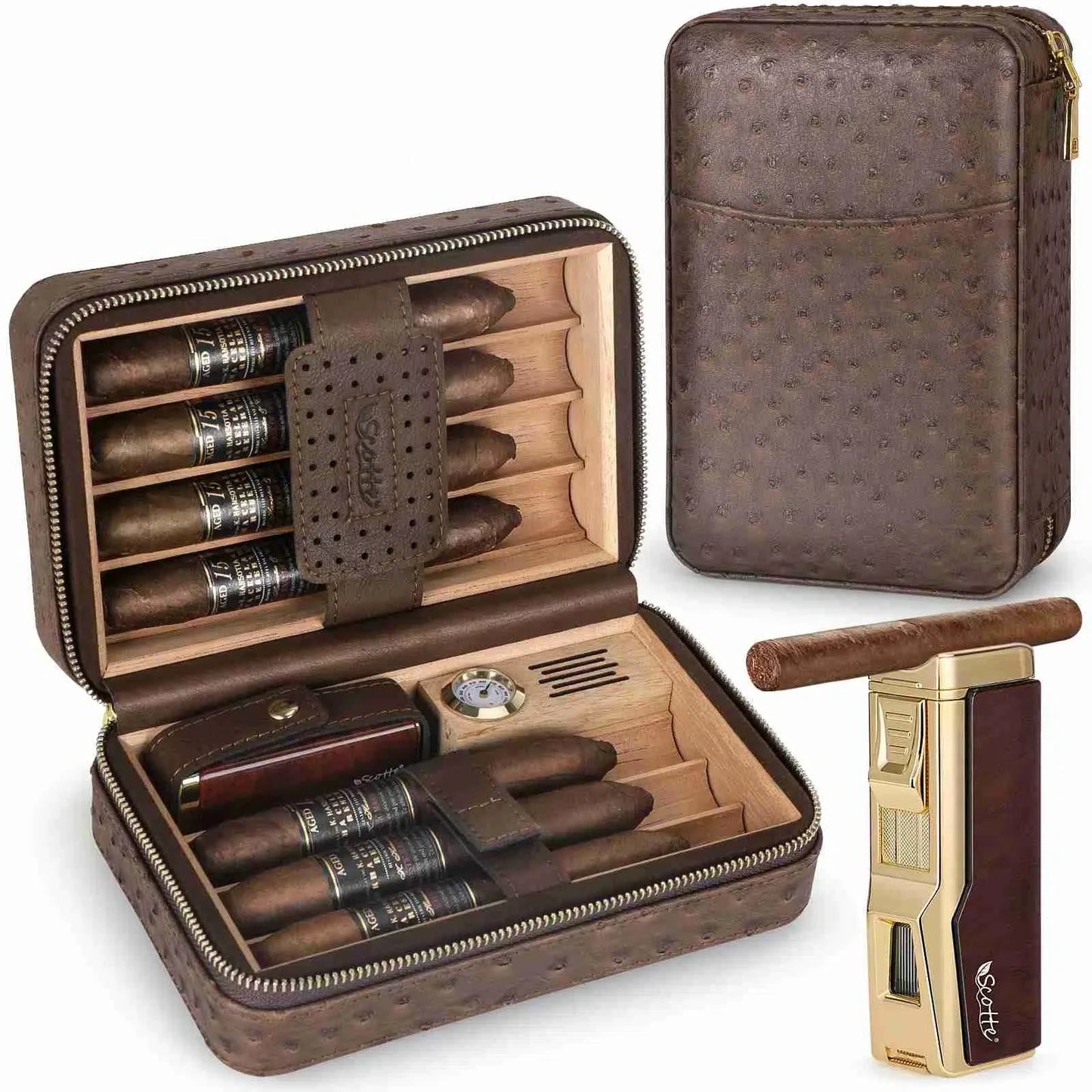 Scotte Cigar Humidor Box with Lighter Cedar Wood Leather Case and Humidifier