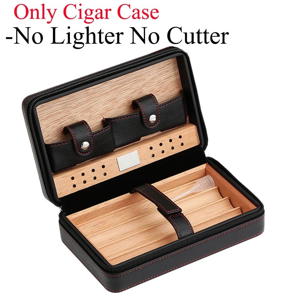 Cedar Wood Cigar Humidor Box Travel With Humidifier Leather Cigar Case W With Lighter Cutter