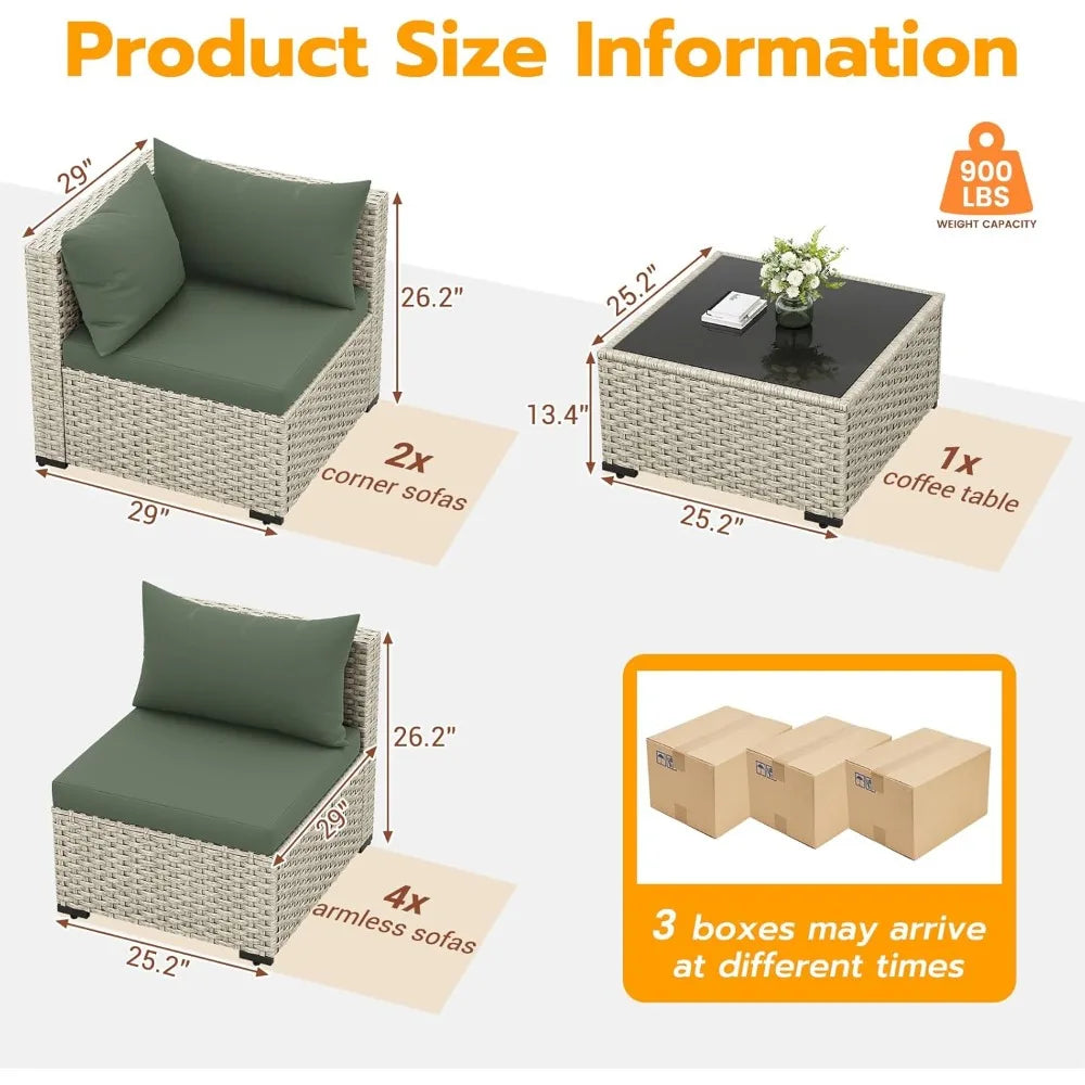 Outdoor Patio Furniture Set 7 Piece PE Wicker Sectional Sofa with Tea Table Outdoor Conversation Set for Patio Garden Backyard Green