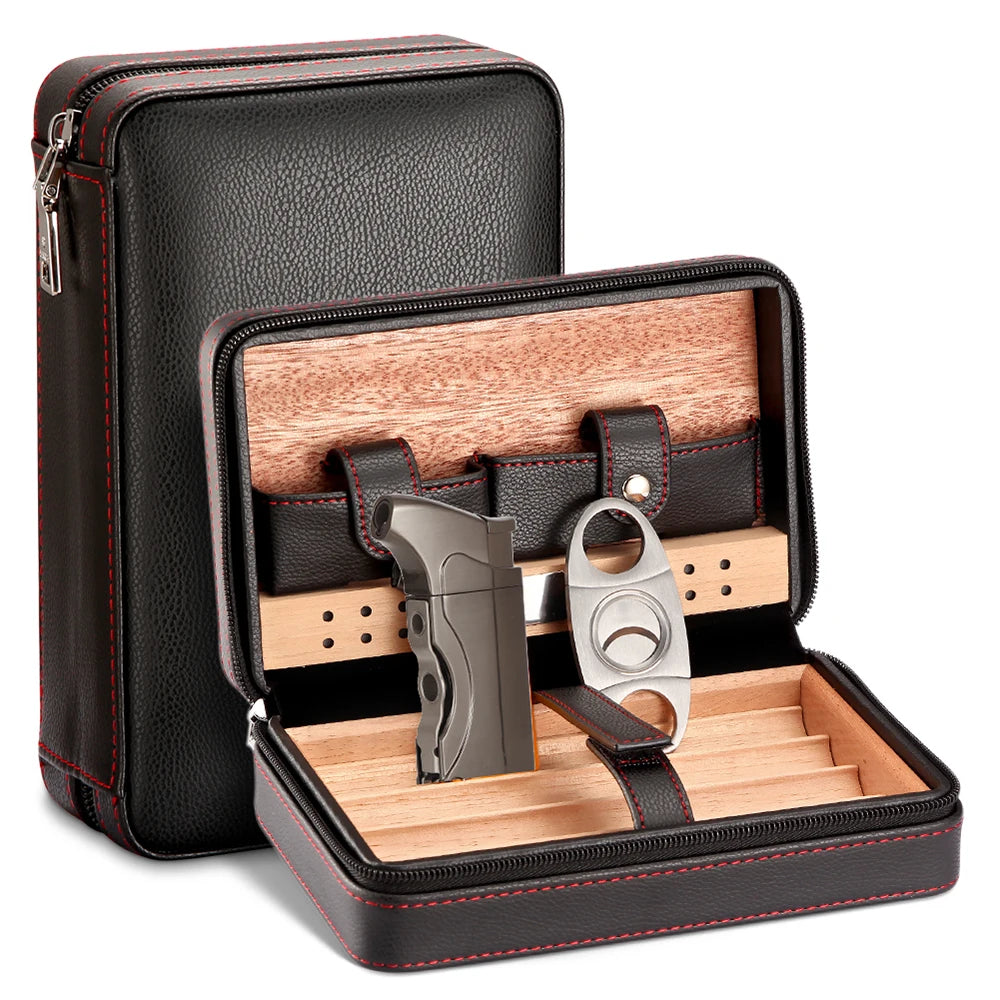 Cedar Wood Cigar Humidor Box Travel With Humidifier Leather Cigar Case W With Lighter Cutter