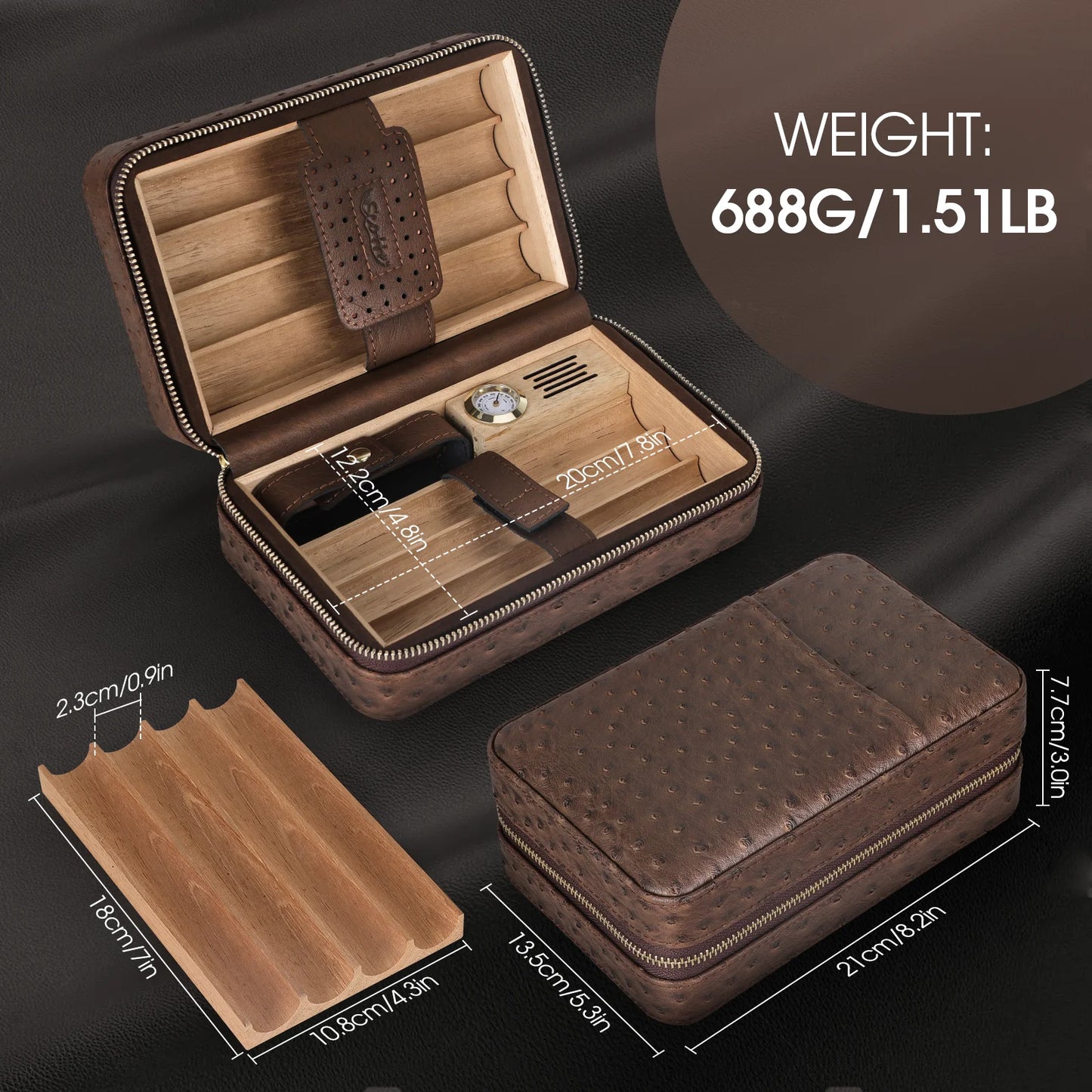 Scotte Cigar Humidor Box with Lighter Cedar Wood Leather Case and Humidifier