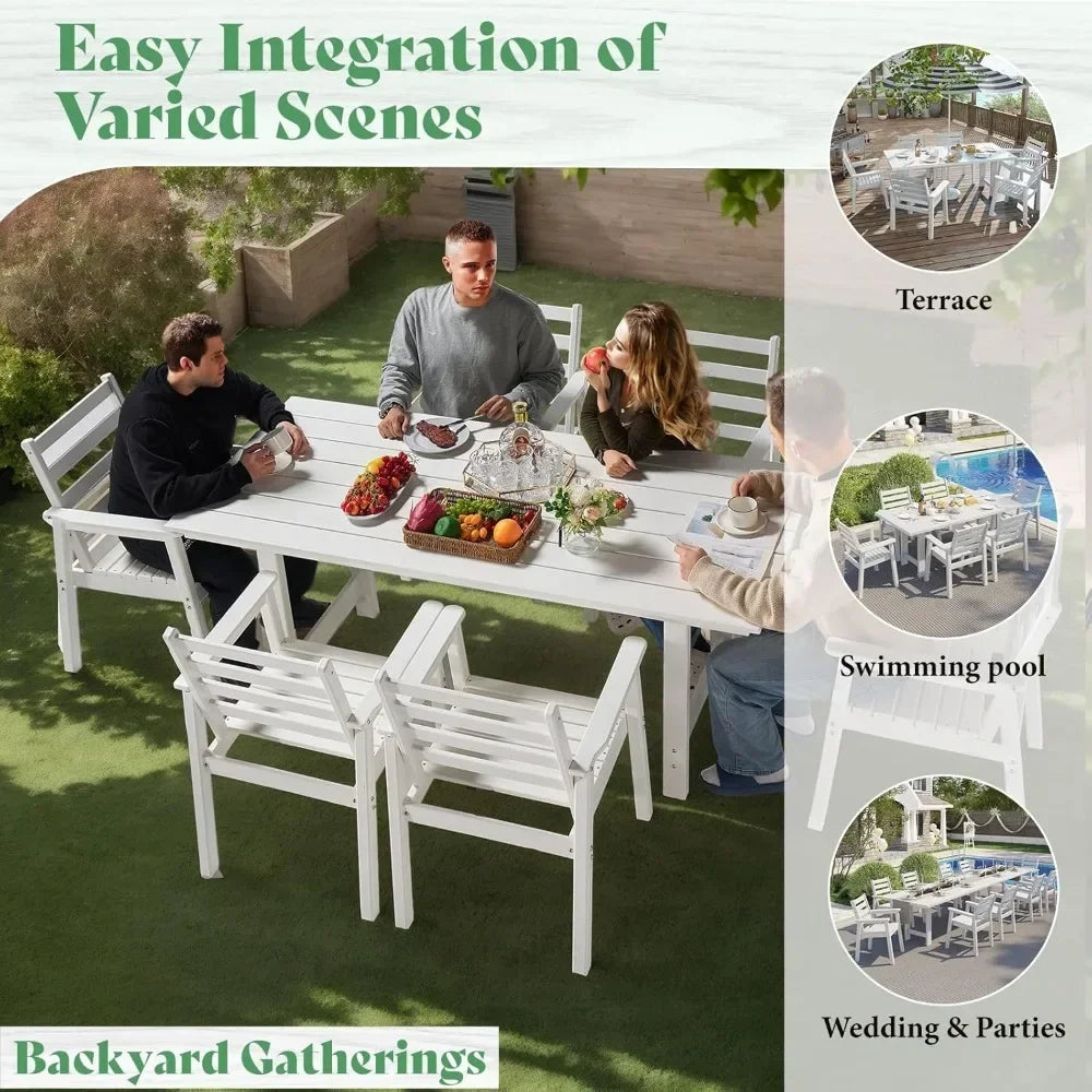 7-Piece HDPE Outdoor Dining Table Set with 6 Chairs 71 Inch Patio Furniture