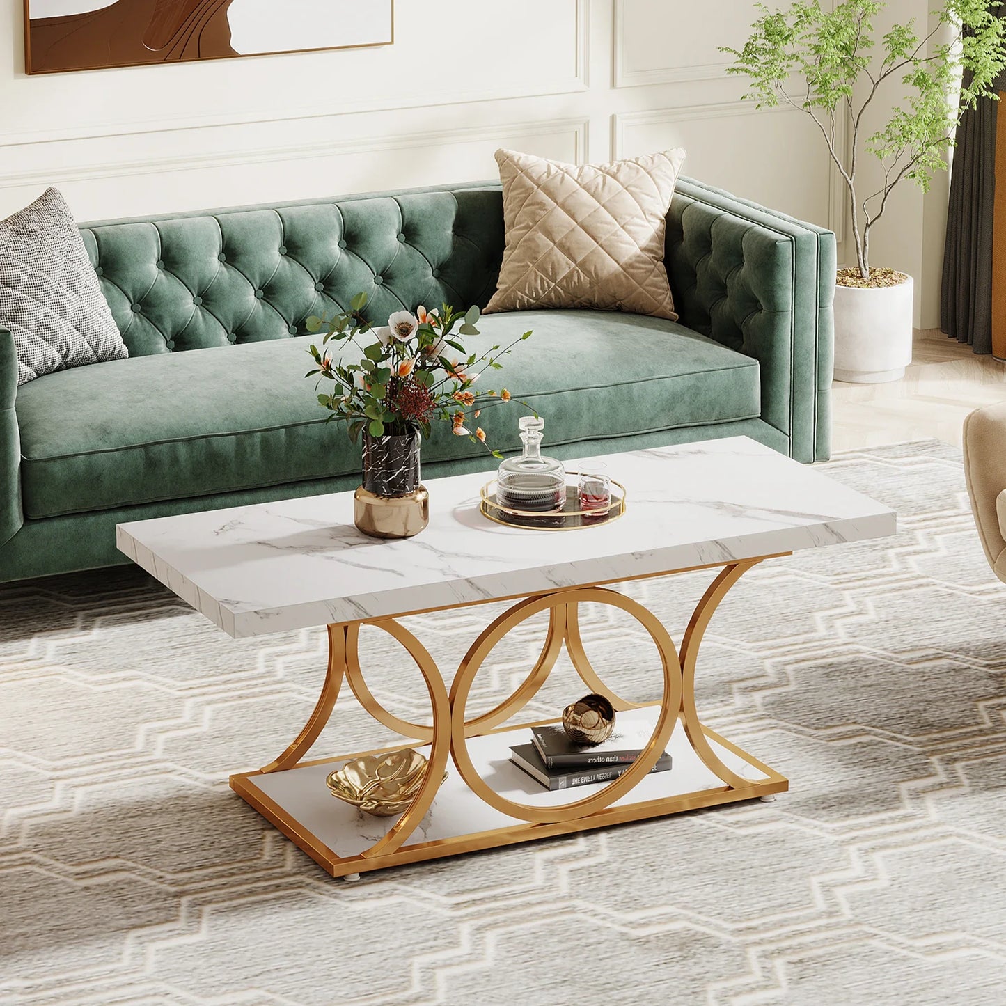Tribesigns Rectangle Coffee Table, Modern 2-Tier Faux Marble