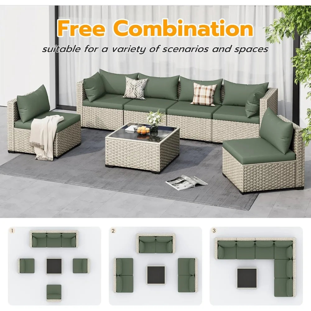 Outdoor Patio Furniture Set 7 Piece PE Wicker Sectional Sofa with Tea Table Outdoor Conversation Set for Patio Garden Backyard Green