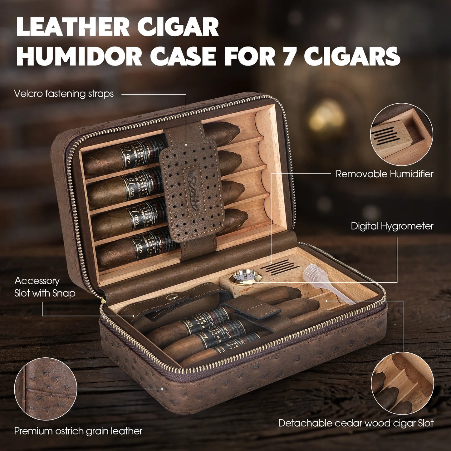 Scotte Cigar Humidor Box with Lighter Cedar Wood Leather Case and Humidifier