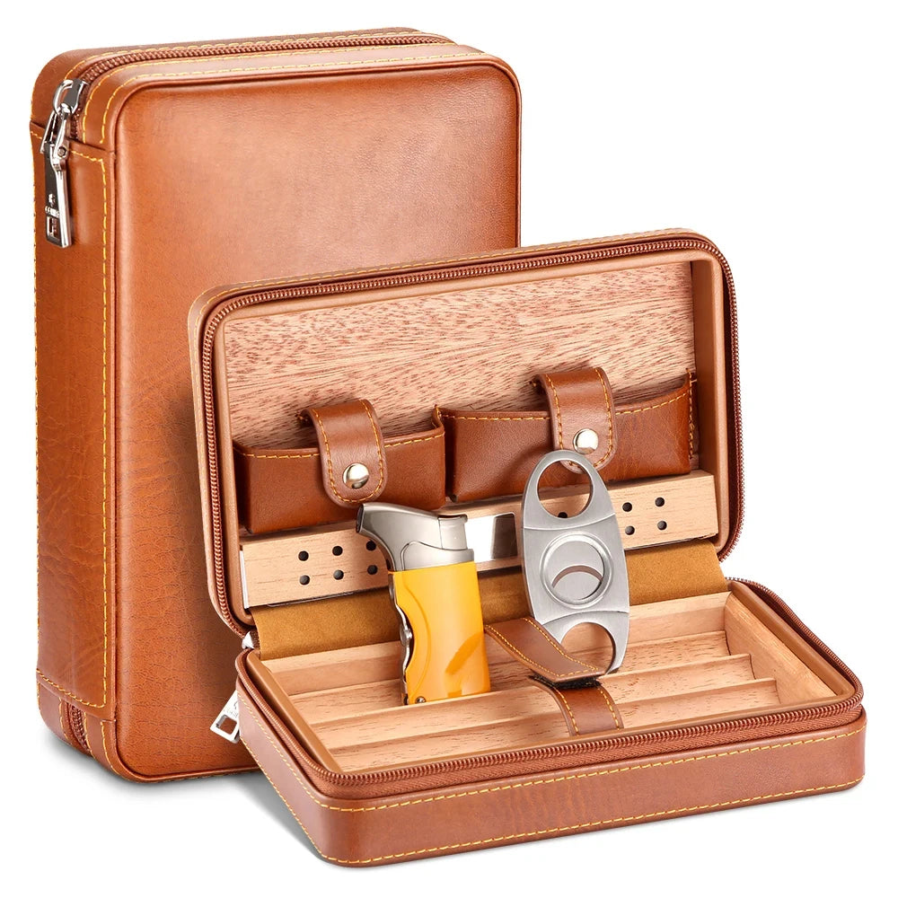 Cedar Wood Cigar Humidor Box Travel With Humidifier Leather Cigar Case W With Lighter Cutter