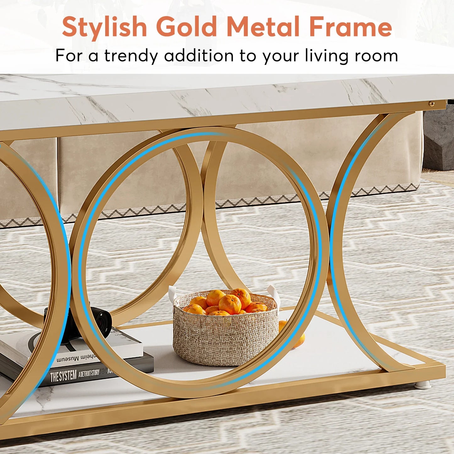 Tribesigns Rectangle Coffee Table, Modern 2-Tier Faux Marble