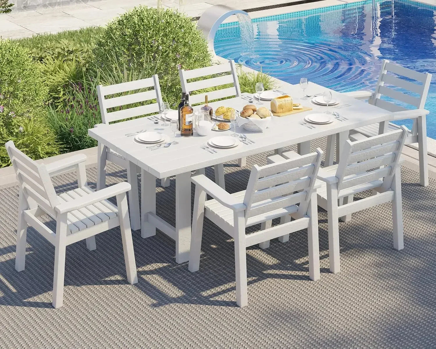 7-Piece HDPE Outdoor Dining Table Set with 6 Chairs 71 Inch Patio Furniture
