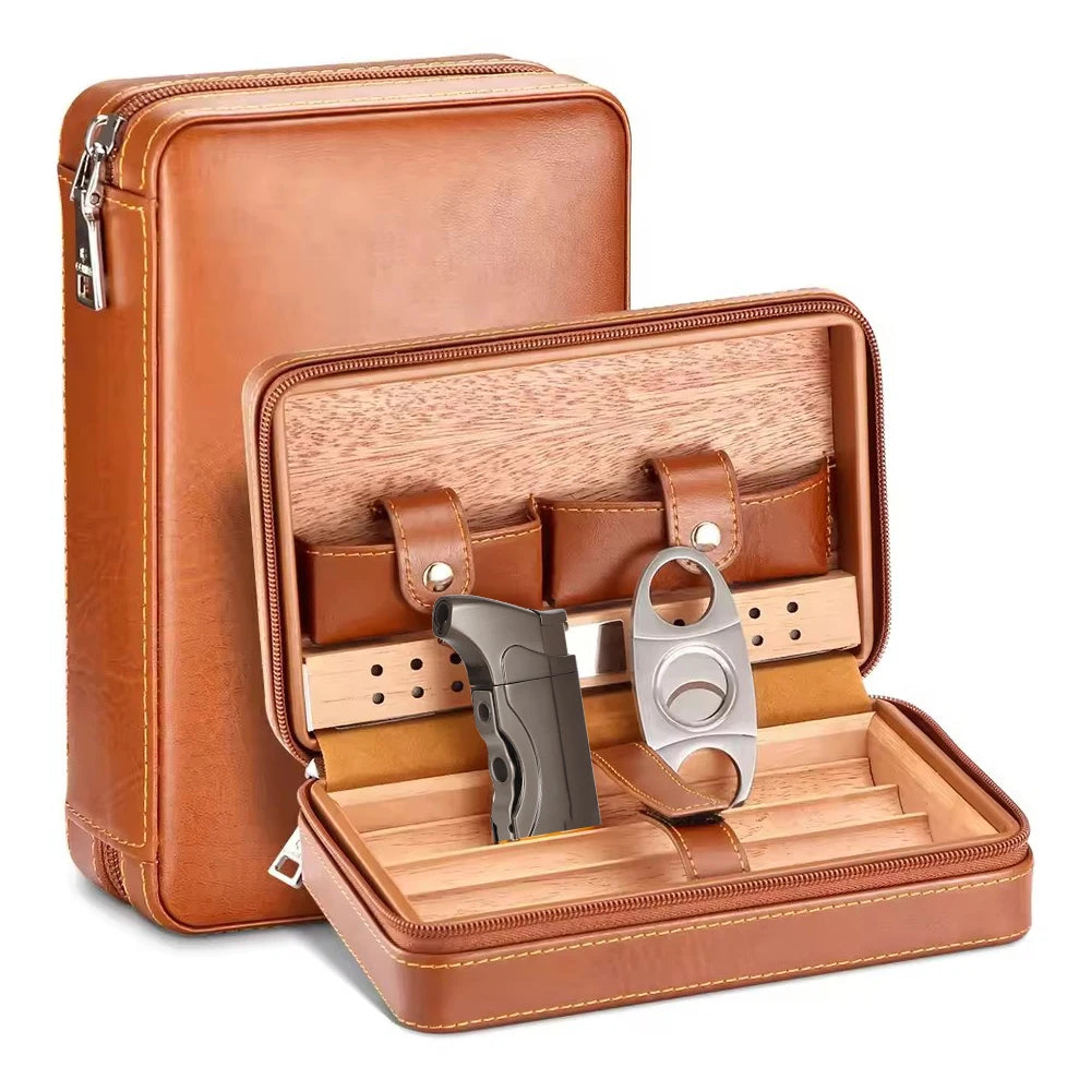 Cedar Wood Cigar Humidor Box Travel With Humidifier Leather Cigar Case W With Lighter Cutter