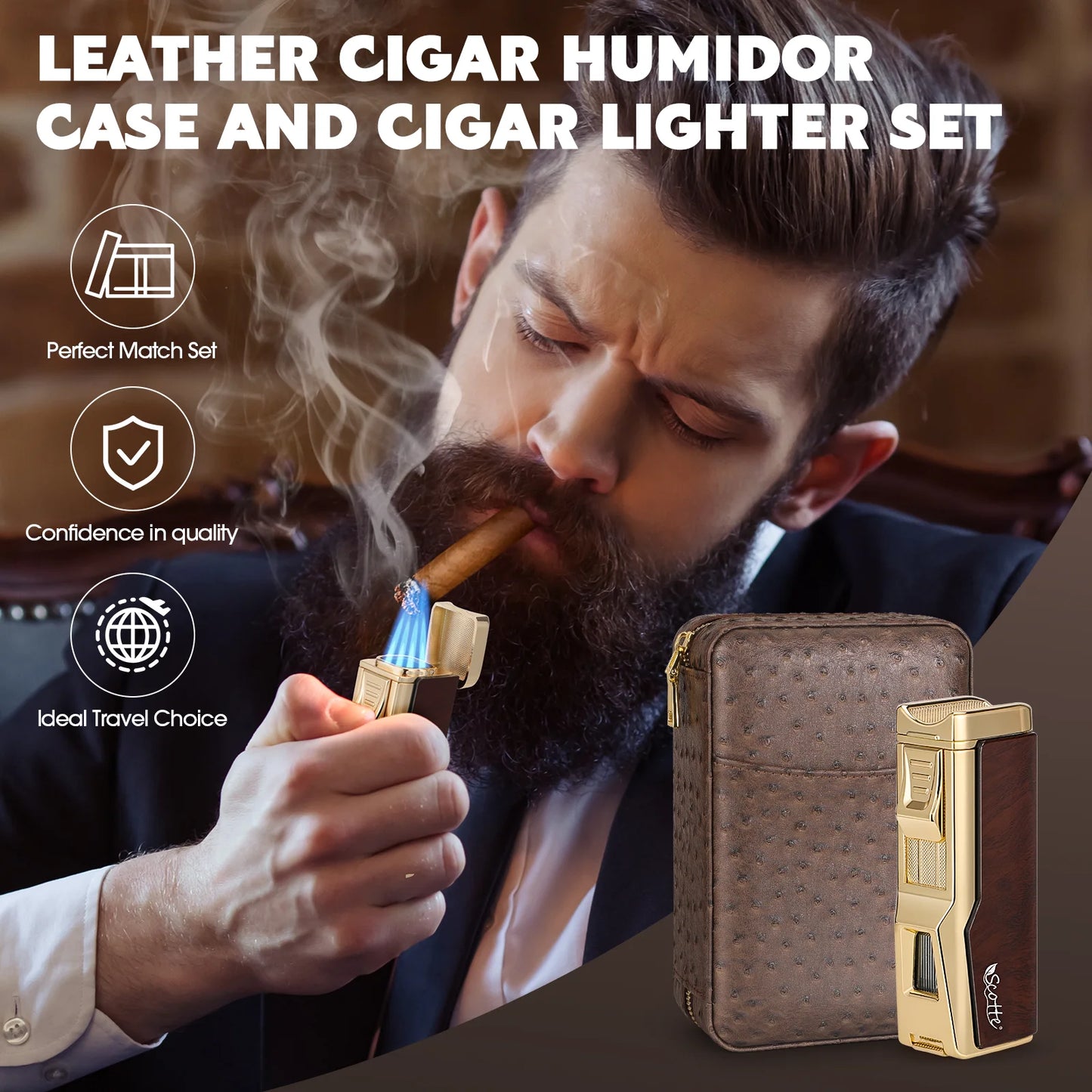 Scotte Cigar Humidor Box with Lighter Cedar Wood Leather Case and Humidifier