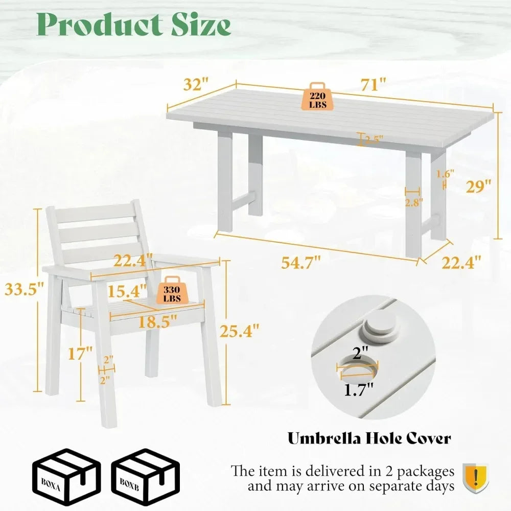 7-Piece HDPE Outdoor Dining Table Set with 6 Chairs 71 Inch Patio Furniture