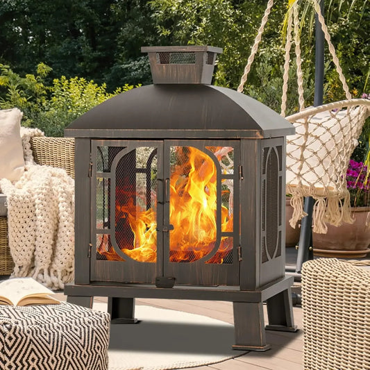45 Inch H x 31 Inch W Metal Chiminea Fire Pit with Grill
