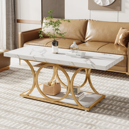 Tribesigns Rectangle Coffee Table, Modern 2-Tier Faux Marble
