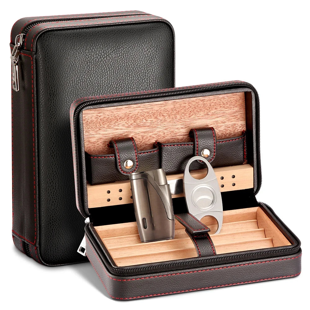 Cedar Wood Cigar Humidor Box Travel With Humidifier Leather Cigar Case W With Lighter Cutter