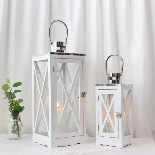 Farmhouse Wood Lantern Decorative Candle Holders with Tempered Glass & Stainless Steel Handle for Indoor Outdoor