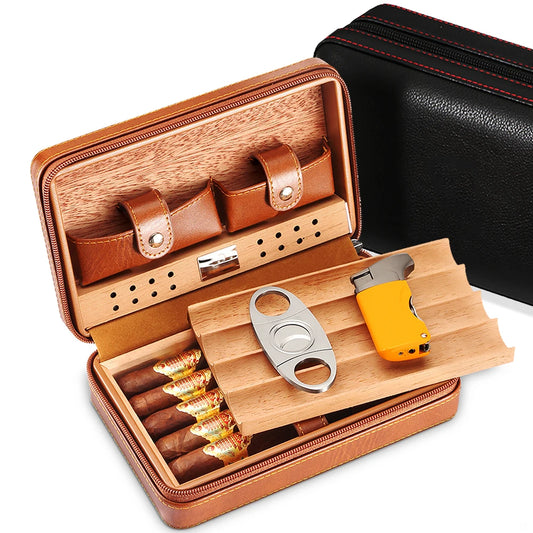 Portable Humidor Cigar Box Travel Cigar Case Leather Cedar Wood Humidor with W/O Cutter Lighter Puro Set
