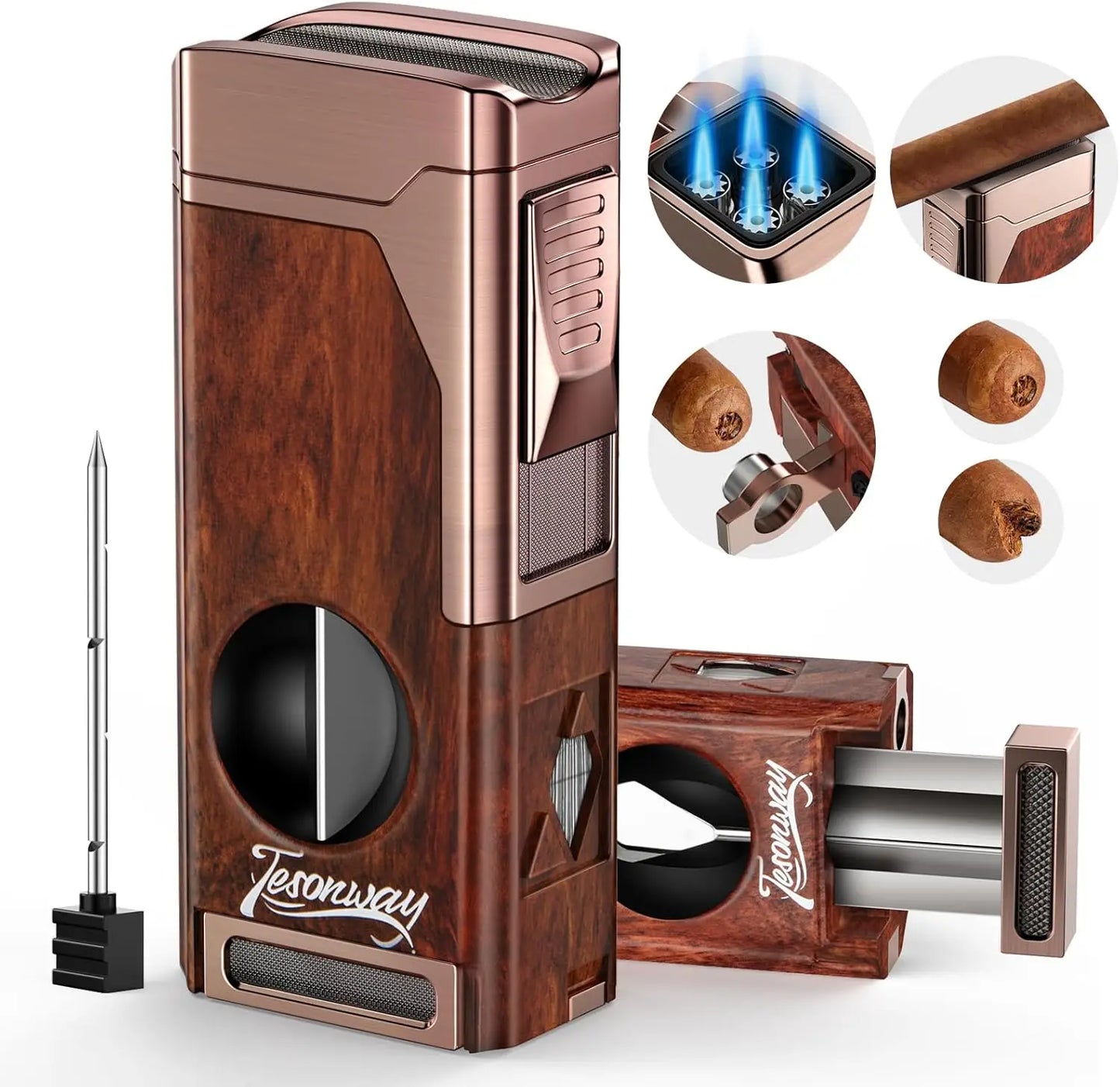 Cigar Lighter 4 Jet Flame Cigar Lighters with Cigar Cutter Cigar Accessories Cigar Draw Enhancer Windproof Refillable Butane