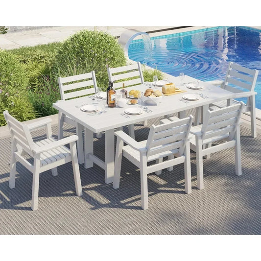 7-Piece HDPE Outdoor Dining Table Set with 6 Chairs 71 Inch Patio Furniture