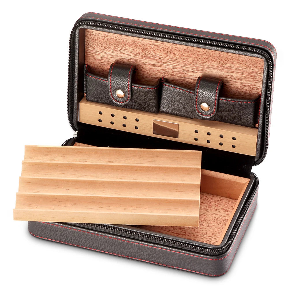 Cedar Wood Cigar Humidor Box Travel With Humidifier Leather Cigar Case W With Lighter Cutter