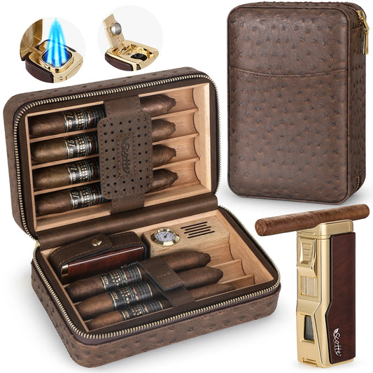 Scotte Cigar Humidor Box with Lighter Cedar Wood Leather Case and Humidifier