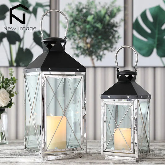2Pcs Stainless Steel Candle Holder Lanterns Vintage Retro Hanging Lanterns with Handle for Garden Wedding Home Decor