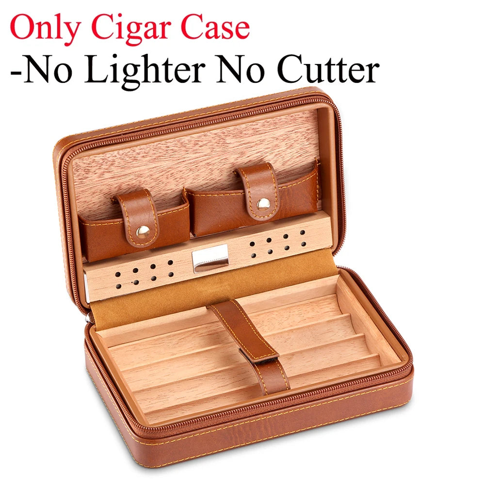 Cedar Wood Cigar Humidor Box Travel With Humidifier Leather Cigar Case W With Lighter Cutter