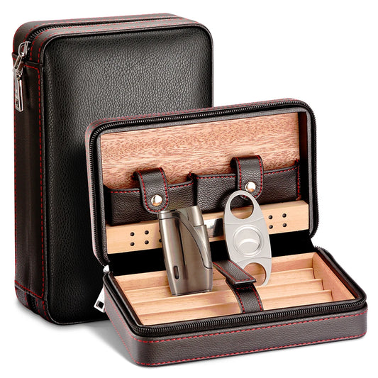 Cedar Wood Cigar Humidor Box Travel With Humidifier Leather Cigar Case W With Lighter Cutter