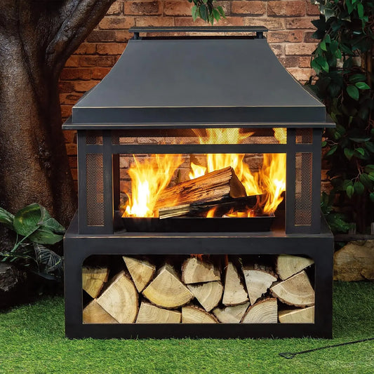 Outdoor Wood Burning Fireplace with Wood Storage and Removable Fire Grill - 40 Inch Large Fire Pit for Patio