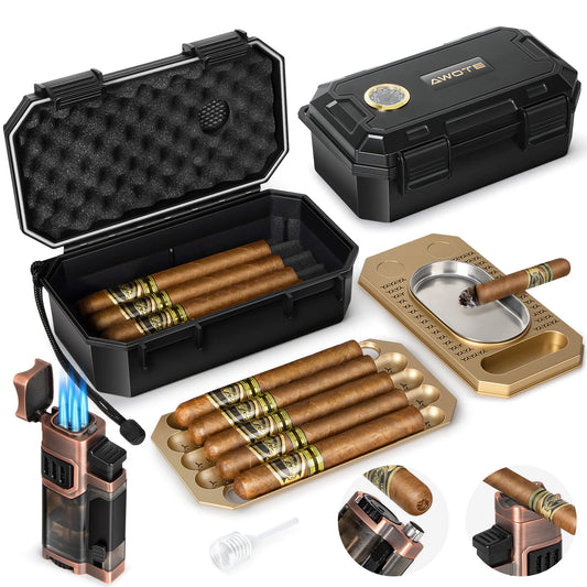 AWOTE Travel Humidor Set with Torch Lighter Ashtray and Cigar Accessories for Men