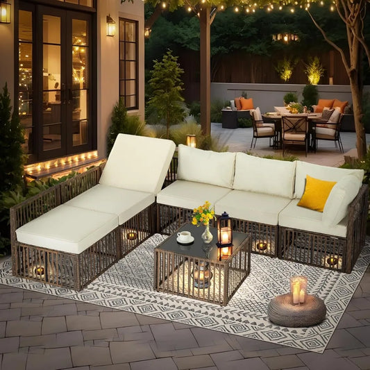 7 Pieces Outdoor Patio Furniture Set Wicker Sectional Couch Beige Cushions